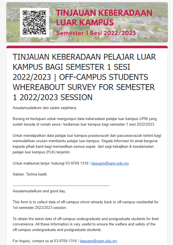 OFF-CAMPUS STUDENTS WHEREABOUT SURVEY FOR SEMESTER 1 2022/2023 SESSION